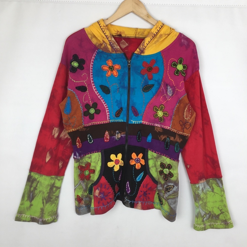 KPC Multicolored Patchwork Full Zip Hoodie Embroidery Floral Appliqué Tye Dye